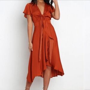 Rust Tie-Front Midi Dress